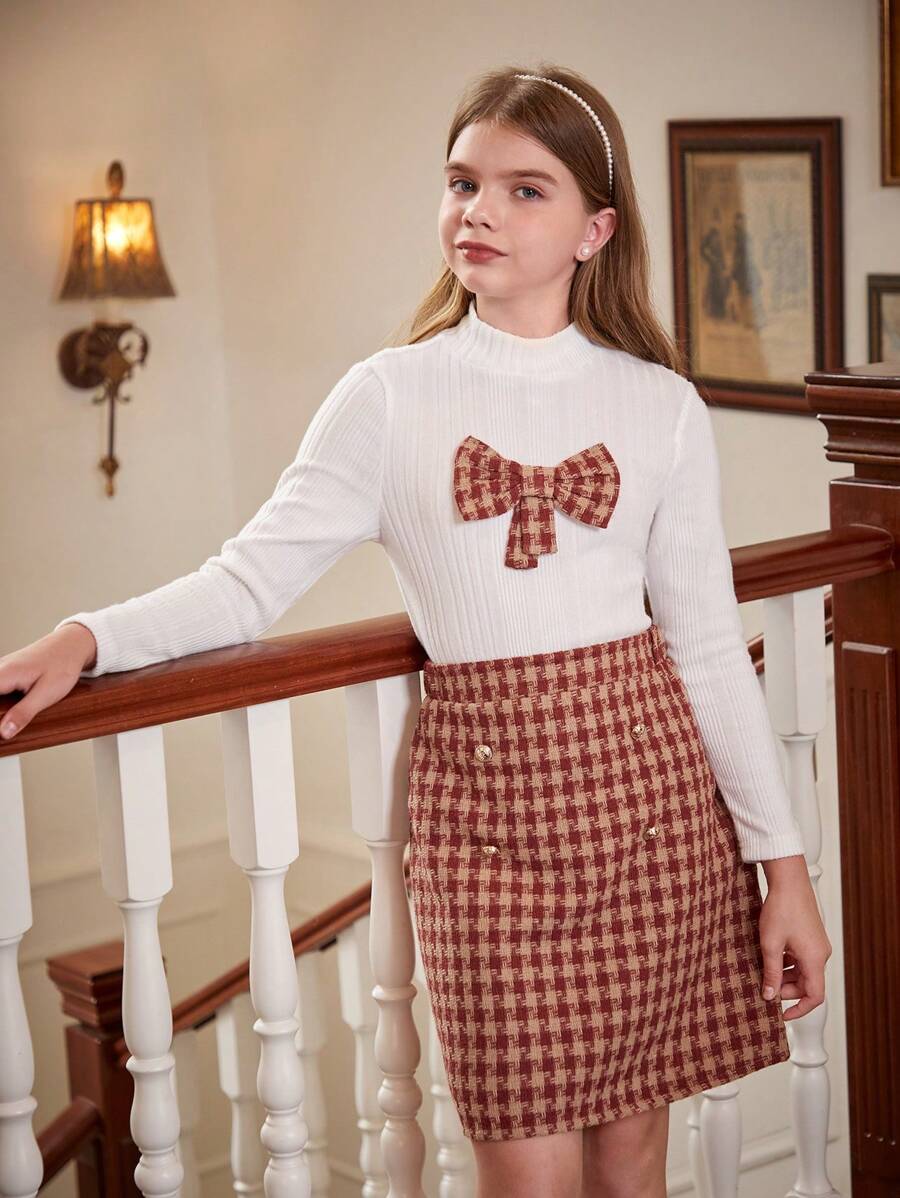 2 piezas Conjunto casual de niña preadolescente con blusa de manga larga con cuello y decoración de corbata de moño a cuadros, y falda mini de pata de gallo, primavera/otoño - Multicolor - Ver 1