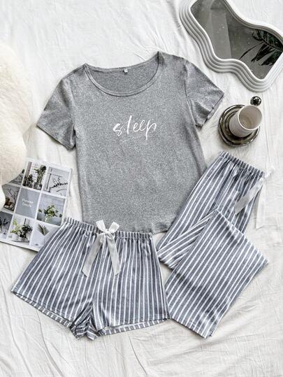 SHEIN Conjunto de pijama de 3 piezas para mujer con estampado de rayas y mariposas - pantalones cortos y largos