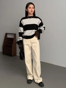 FRIFUL Suéter grueso de mujer con rayas y malla en contraste