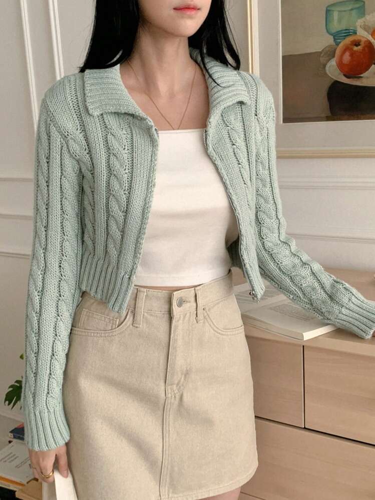 DAZY Women's Solid Color Cable Knit Zip-Up Cardigan | SHEIN