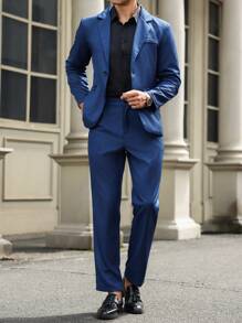 Manfinity Mode Conjunto de traje de 2 piezas para hombre - Chaqueta de manga larga con solapa y pantalones casuales de pierna recta - Azul Marino - Ver 3