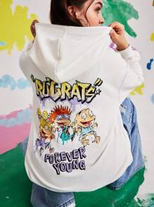 Nick 90s X SHEIN Sudadera con capucha blanca de talla grande informal con estampado de letra de dibujos animados y costuras contrastantes con caída de hombros