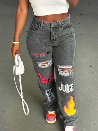 Jonge Amerikaanse stijl jeans met veelkleurige print