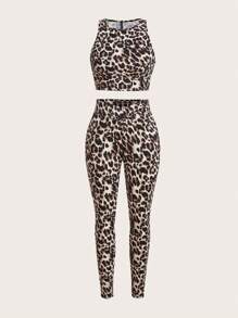 SHEIN EZwear 女士方领和方领短款上衣和全长紧身裤套装，时尚豹纹针织连体裤 - 卡其色 - 查看 4