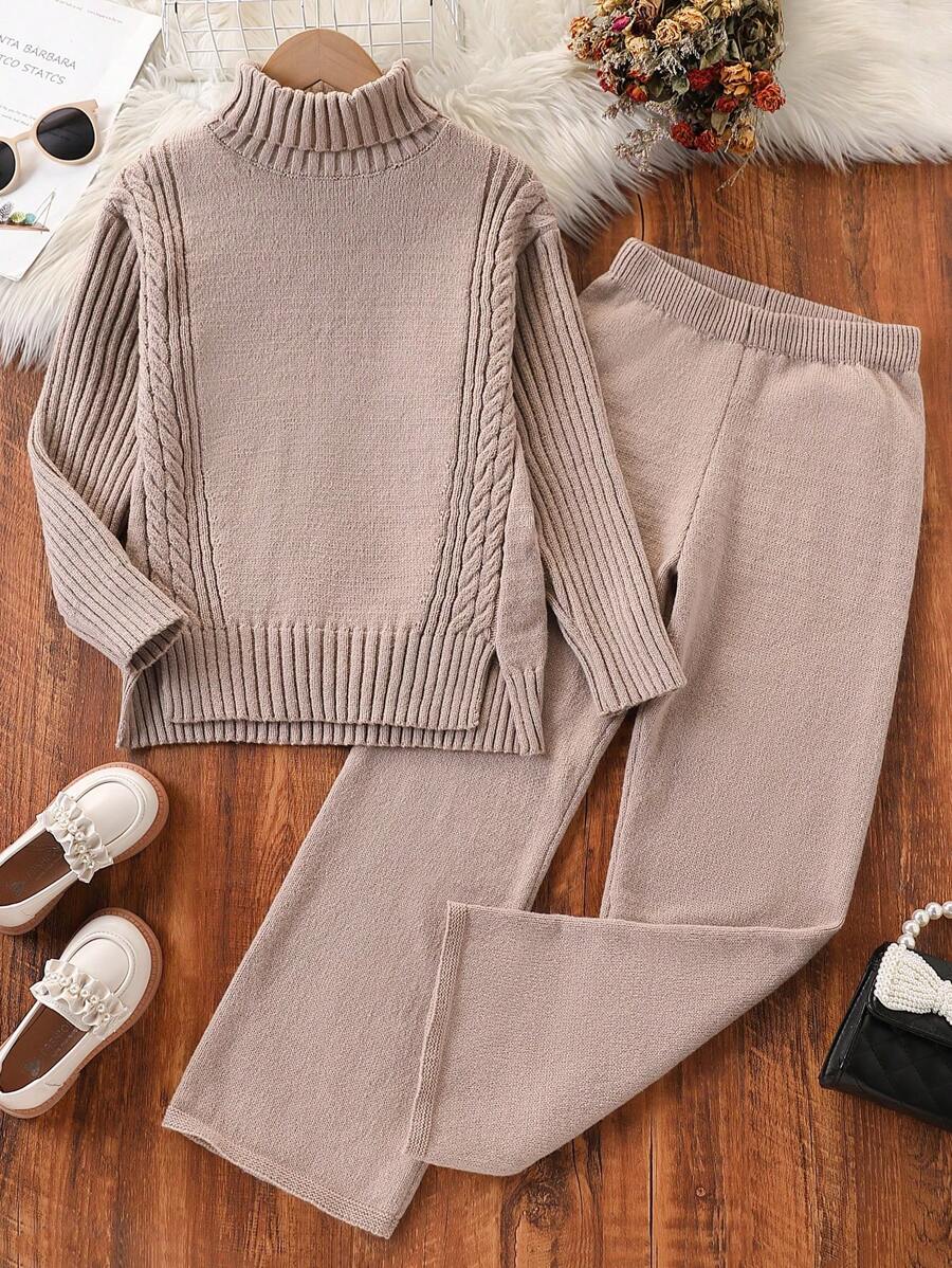 Bộ 2 món/Bộ áo len oversize thường ngày cho bé gái tuổi teen và quần ống rộng, áo chui đầu đan xẻ tà gấu rộng và quần dài, mùa thu - Màu Khaki - Xem 1