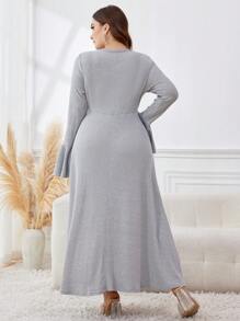 Mulvari Plus Size Women's Solid V-Neck Flare Long Elegant Dress, Spring/Autumn