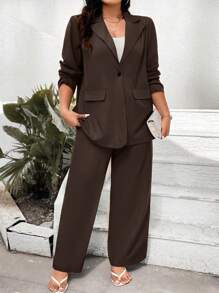 Celure طقم سروال وبلوزة أكمام طويلة بجيب زائد الحجم اللون الأحادي الطراز البسيط