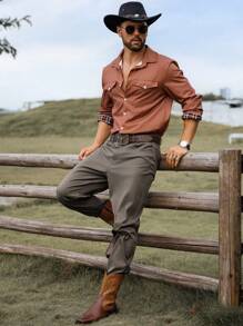 Manfinity Homme Men's Geometric Print Casual Long Sleeve Cargo Shirt - Brown - View 1