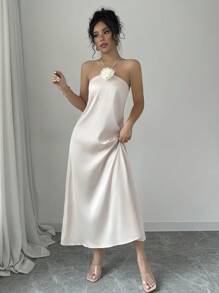 Selianne Đầm Maxi Cổ Chữ V Thanh Lịch Trang Trí Hoa 3D Bằng Sa Tanh Eo Cao Cho Nữ - Màu be - Xem 6
