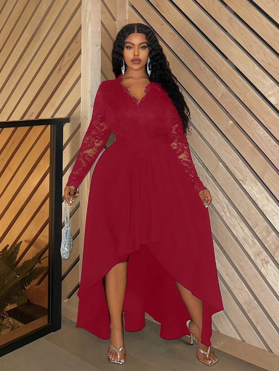 Slaydiva Plus Size Elegant Waist Cinched Long Sleeve Contrast Lace High And Low Dress - C