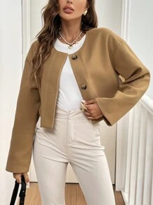 SHEIN Frenchy Women's Solid Color Front Button Long Sleeve Minimalist Cropped Top, Casual Daily Wear
