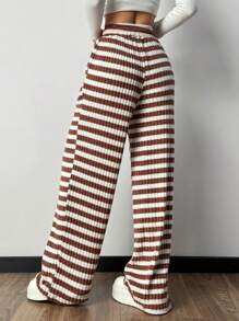 SHEIN Essnce Pantalones informales con bolsillos y nudo delantero a rayas - Rojo y blanco - Ver 2