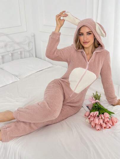 兔耳毛绒女式睡衣连体裤，秋冬适用