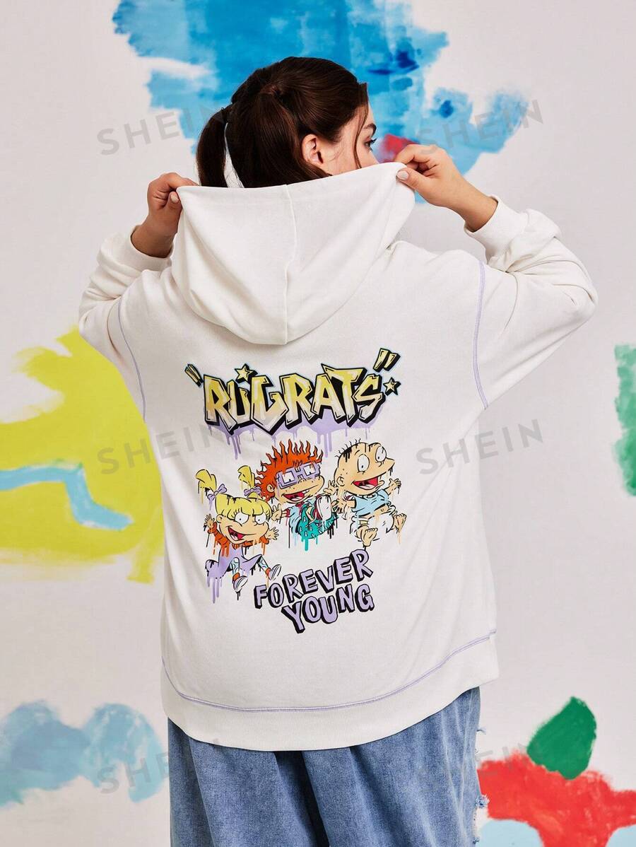 Nick 90s X SHEIN Sudadera con capucha blanca de talla grande informal con estampado de letra de dibujos animados y costuras contrastantes con caída de hombros