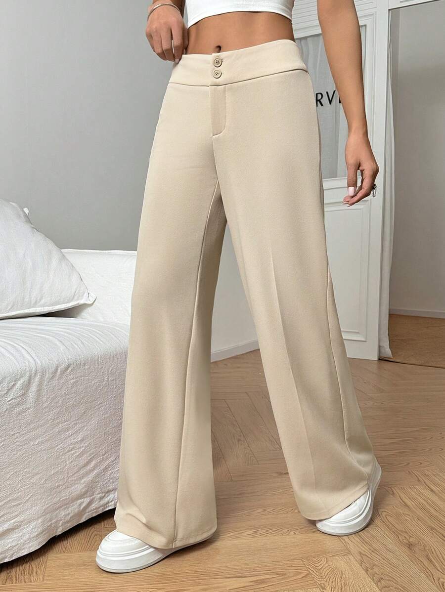 SHEIN EZwear 净色高腰喇叭直筒裤 - 杏色 - 查看 1
