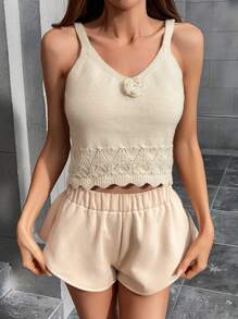 Aveloria 2pcs Solid Color Elegant Floral Decor Cardigan & Tank Top Sweater Set For Women, Autumn