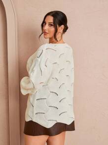 SHEIN Unity Plus Size Women's V-Neck Long Sleeve Contrast Lace Pullover Sweater, Autumn/Winter Knit Pullover Fall - White - View 2