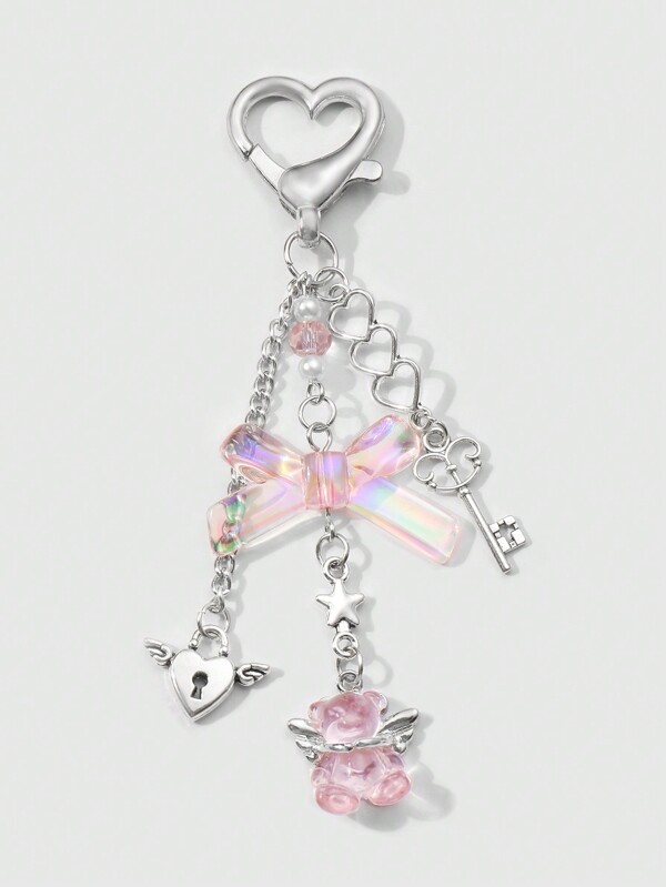 ROMWE Kawaii 1 bucă cheie și încuietoare cu lanț cu inimă de argint, elegantă, minimalistă și încuietoare cu fundă transparentă roz, breloc cu pandantiv de pluș de perle artificiale, pentru femei și fete, purtare zilnică sau cadou