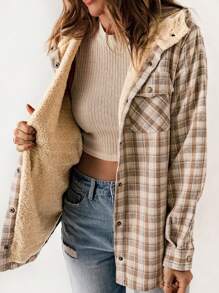 ASVIVID 格紋印花毛絨內襯連帽外套 - 卡其色 - 查看 4