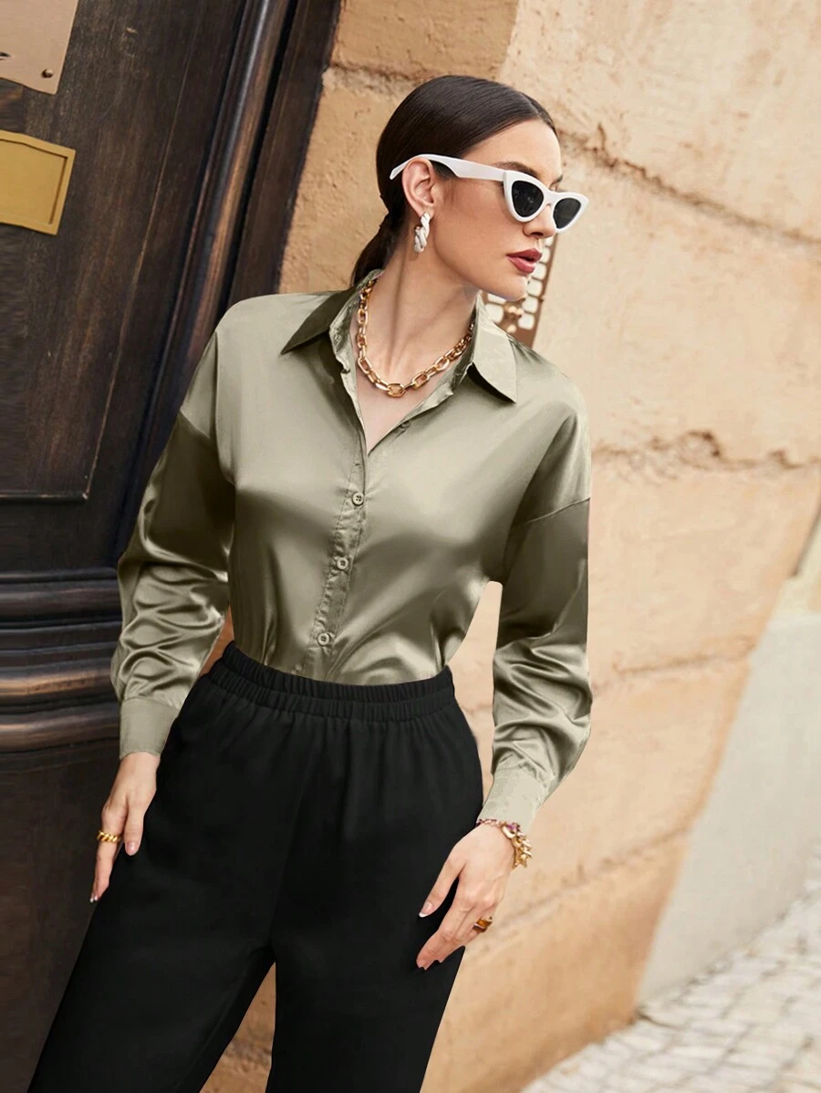 Mulvari Blusa elegante de hombro caído de unicolor para mujer, tops de manga larga para primavera y otoño - Verde Oliva - Ver 1