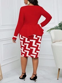 SHEIN Lady Bộ 2 món trang trọng áo cổ khoét lỗ cho nữ cỡ lớn có viền bèo nhún và váy midi in họa tiết địa lý (không bao gồm thắt lưng) Quần áo giáo viên trang phục mùa thu bốn mùa - Đỏ - Xem 2
