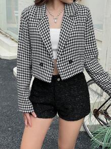 少女优雅复古千鸟格短款双排扣夹克外套 - 黑與白 - 查看 4