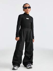 SHEIN Conjunto de 2 peças de blusa e calça minimalistas para meninas adolescentes, cor sólida, gola alta, manga comprida