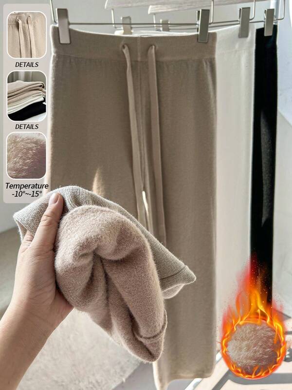 Franclia New Women's High Waist Drawstring Casual Straight Wide Leg Pants, Thick Thermal Lined Knit Trousers