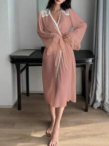 DAZY Romantic Sheer Chiffon Contrast Lace Ruffle Sleeve Bathrobe - Pink - View 7