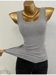 INAWLY Áo ba lỗ cổ tròn nhún bèo màu trơn thường ngày cho nữ - Xám - Xem 2