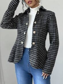 Chiquease Women's Front Button Plaid Long Sleeve Jacket, Casual Everyday - Black - View 5