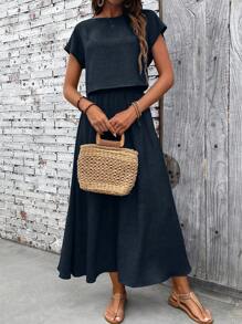 EMERY ROSE 2pcs Women's Solid Color Short Sleeve Top And Skirt Casual Set - Navy Blue - View 5
