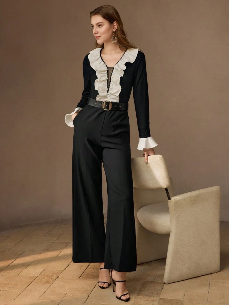 MOTF PREMIUM COLOR BLOCK RUFFLE TRIM JUMPSUIT - Black and White - View 7