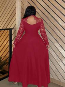 Slaydiva Plus Size Elegant Waist Cinched Long Sleeve Contrast Lace High And Low Dress - C