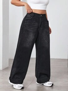 SHEIN ICON Plus Size Women Pocketed Wide Leg Loose Casual Versatile Boyfriend Jeans