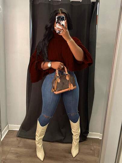 Suéter holgado de punto de cuello alto y hombros caídos de unicolor para mujer de talla grande, otoño/invierno