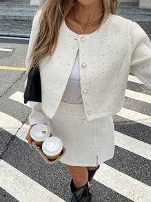 SHEIN Frenchy 女士短夹克配开叉裙套装