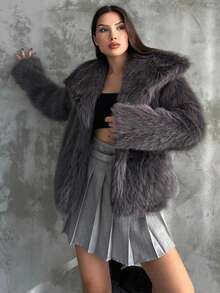 Áo khoác nữ TRAFZA giả lông thú thanh lịch, áo khoác màu trơn sang trọng thường ngày, áo khoác dài tay ấm áp, dáng rộng, phong cách đường phố dành cho nữ. - Xám - Xem 6