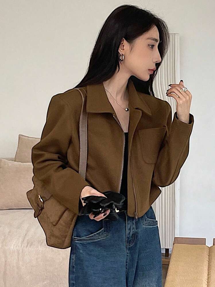 Women's Solid Color Front Zipper Long Sleeve Cropped Jacket, New