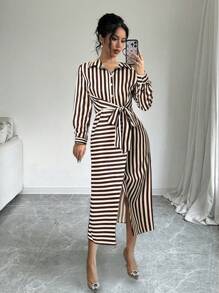 Chiquease Damen Hemdkleid mit Langarm, Streifenmuster und Einzelreihe Knöpfe, Frühling/Herbst