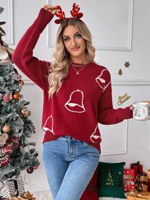 Chiquease Crew Neck Langarm Glocken Muster Lässig Pullover Pullover, Strickpullover Herbst Winter - Rot - Übersicht 1