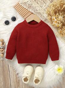 SHEIN Sweater Bayi Laki-laki Warna Polos Kerah Bulat Lengan Panjang untuk Musim Gugur - Burgundy - View 4