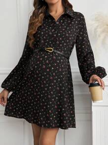 SHEIN Ditsy Floral Lantern Sleeve Maternity Dress, Knee-Length, Spring/Autumn - Black - View 1