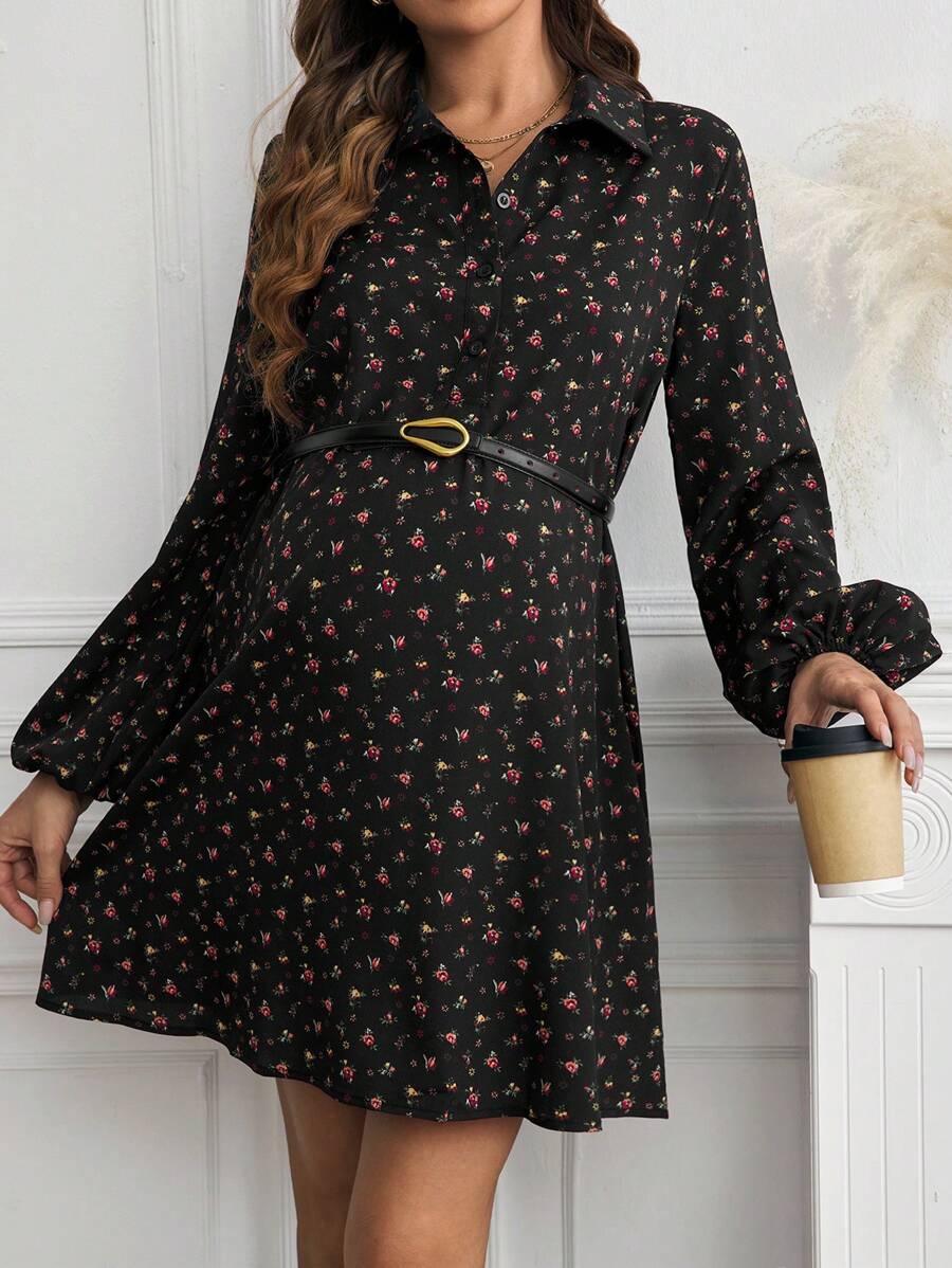 SHEIN Váy bầu tay đèn lồng họa tiết hoa Ditsy, dài đến đầu gối, mùa xuân/thu - màu đen - Xem 1