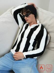 Manfinity Hypemode Men's Casual V-Neck Button-Front Long Sleeve Striped Cardigan, Autumn/Winter - Black and White - View 3