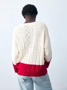 Maija Women's Colorblock V-Neck Drop Shoulder Casual Sweater, Red And White