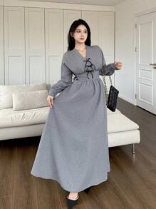 Feyla 女士春秋优雅长袖前系带连衣裙 - 灰色 - 查看 7