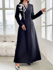 Al Najma 1 件女士 3D 花朵装饰长袍，单纽扣，优雅长款全长奢华适度长袖长袍，适合晚会/婚礼嘉宾/周年纪念，长袍 - 黑色 - 查看 2