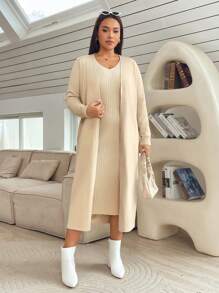 SHEIN Essnce Bộ 2 váy bó cỡ lớn dành cho nữ và áo len cardigan rộng rãi thoải mái, mùa thu/đông - Màu be - Xem 6