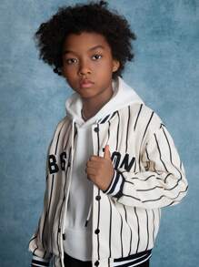 SHEIN Tween Boys' Casual Loose Letter Print Bomber Jacket - Royal Blue - View 6